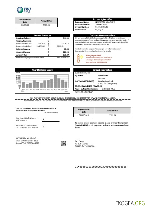 Modèle de facture de services publics pour les entreprises USA Texas TXU Energy aux formats Word et PDF